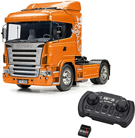 Tamiya 56338 1:14 RC Scania R470 Orange - LKW Bundle inklusive Fernsteuerung (KO 8 Kanal MC-8 MX-F TR Set 2.4G), RC-Truck, fernsteuerbarer LKW, Modellbau, Bausatz, Lastwagen, Modell