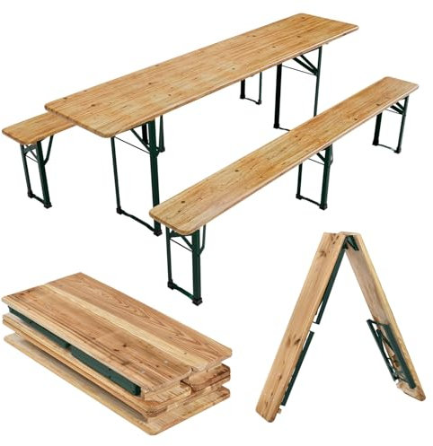 Juskys Bierzeltgarnitur 3-teilig Biertischgarnitur mittig klappbar 220 cm - Gartenmöbel Set aus Tannenholz Biertisch Bierbänke Festzeltgarnitur Natur