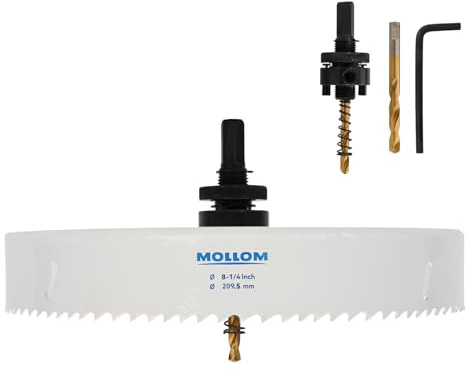 Mollom (209,5mm | 8-1/4) HSS M42 med 8% kobolt BI-metallhålsåg med 2 pilotborrar & arbor. Slät skärning för PVC, gipsvägg, trä, plast, gipsskiva, gummi