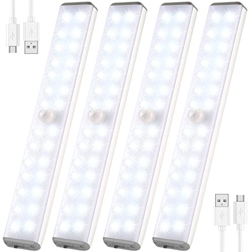 Motion Sensor Cupboard Light - Wireless Magnetic Type-C Rechargeable Under Cabinet Lighting with 28 LEDs & Night Light, Thin Bars with Magnetic Strips for Kitchen Wardrobe Stairs Cellar Attic Closet