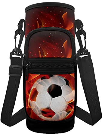 chaqlin 3D Fire Football Print Water Bottle Sleeve Carrier Bag Bottle Holder Pouch Cover Holder Boys Girls School Bottle Bags Crossbody Purse,Water Bottle Accessories for Adults Kids