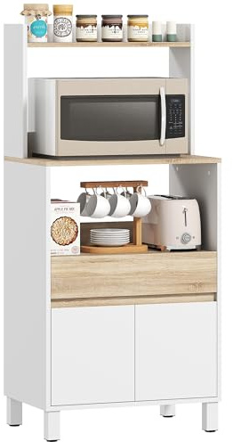 HOMCOM Armadio per microonde, credenza da cucina con ripiano superiore e cassetto, armadio per microonde da cucina per sala da pranzo, soggiorno, 60 x 40 x 131 cm naturale e bianco