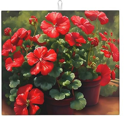 YYHHAOFA Abtropfmatte mit roten Geranien für die Küche: wasserabsorbierend, rutschfest, wendbar, mit Umhängeband zum Aufhängen, 45,7 x 40,6 cm