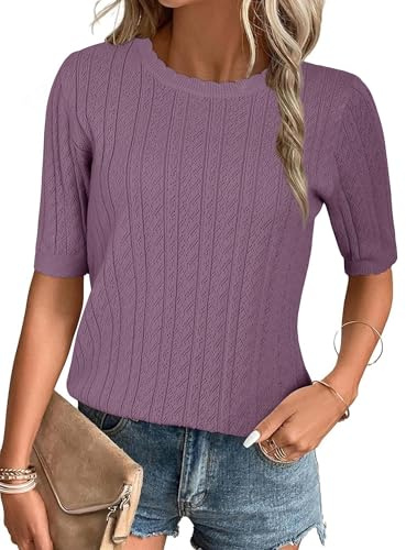 Arach&Cloz Jersey de Mujer de Manga Corta Verano Otoño Invierno Camisa de Punto Blusa Informal con Cuello Redondo