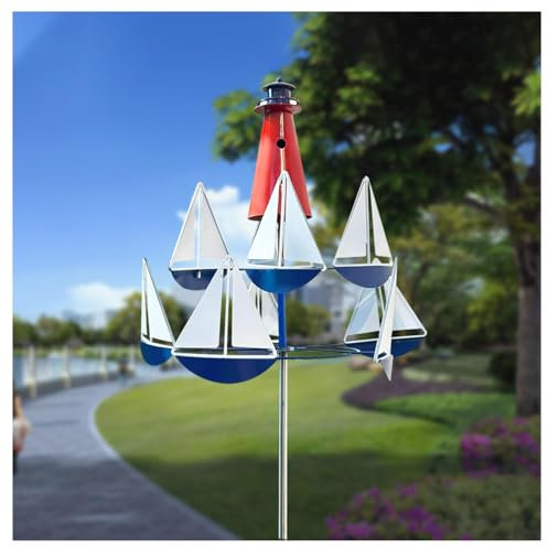 Roue des Vents Deco Jardin, Moulin à Vent Jardin (200/175/150/125/100 Cm RéGlable en Hauteur) éOlienne en Forme De Phare Et De Voilier DéCoration De Jardin Exterieur