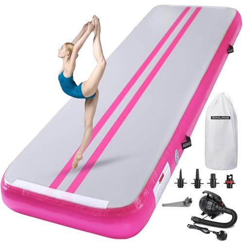 ROMELANDS Luftgymnastik-Tumbling-Matte, 4 dick, 3,4 m, 4 m, 4 m, 4 m, aufblasbare Trainingsmatten für den Heimgebrauch mit Pumpe, Rosa, 3 m x 9 cm x 10 cm