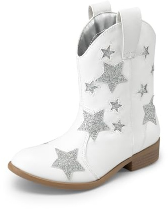DREAM PAIRS Cowgirl-stövlar för flickor, västerländska mid-calf stövlar, vita stjärnstövlar, storlek 37 EU