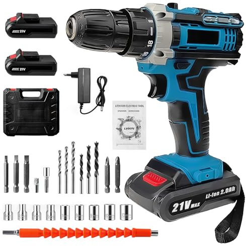 Perceuse-visseuse sans fil 21V, visseuse sans fil avec batterie 2,0Ah, perceuse à percussion 32Nm, 2 vitesses, LED, 24 accessoires de bricolage