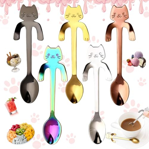 Oneroomone Edelstahl-Kaffeelöffel, 5-teiliger Katzen-Teelöffel | Hängende Tasse Teelöffel, Katze Kaffee Löffel,Mini-Kätzchen-Design-Rührlöffel für Wasser, Tee, Milch, Kaffee, Suppe
