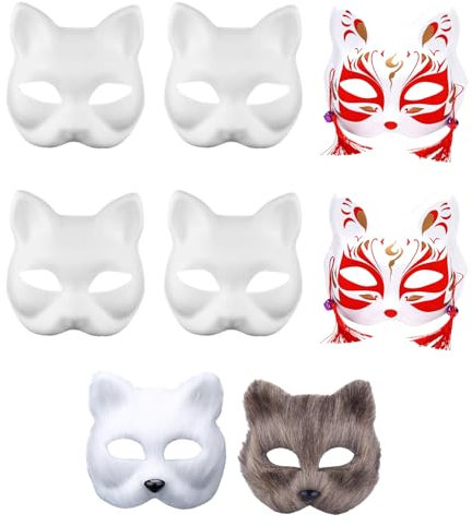 Okdance Therian Lot de 10 masques vierges en forme de demi-chat avec bande élastique pour décorer un déguisement de renard à fourrure blanc et marron