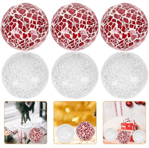 Cabilock Mosaic Glass Ball Ornaments 6cm White and Pink Set of 6 Decorative Tabletop Sphere Vase Fillers Modern Christmas Home Decor Centerpiece