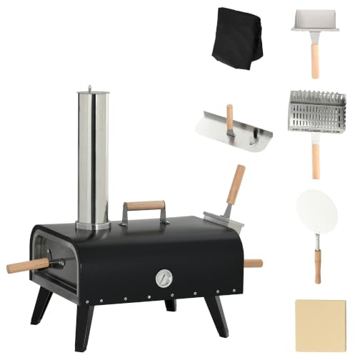 Outsunny Four à pizza extérieur au feu de bois, Pelle à Pizza | Pierre de 30 cm, Couvercle Étanche, Transportable, Pieds Pliables, Cheminée Amovible, pour Jardin, Terrasse, Camping