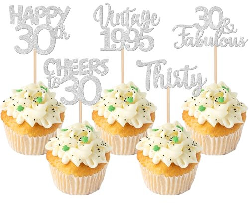 SYKYCTCY 30 Pack Happy 30th Birthday Cupcake Toppers Glitter Thirty Vintage 1995 Cupcake Picks Cheers to 30 Fabulous Cake Decorations for 30th Birthday Wedding Anniversary Party Supplies Silver