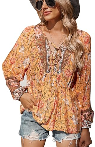 CNTSFS Damblus elegant ledig bohemisk V-ringad blommönster lös tunika, Apelsin, L