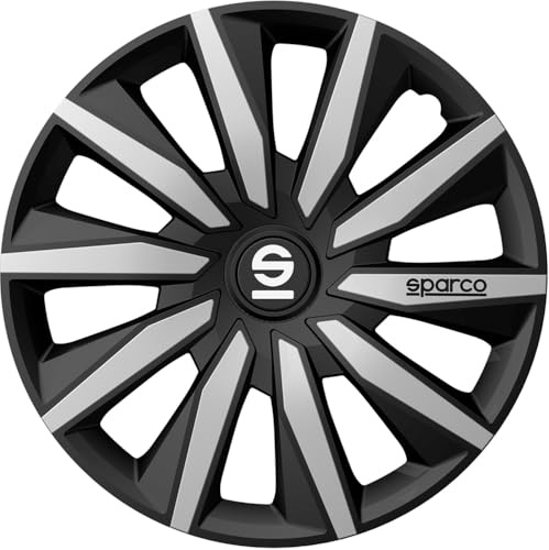 Sparco Juego de 4 Tapacubos de 16” Modelo Milano Negro/Plata. Diseño Deportivo para Las Llantas de tu Coche. Fabricación Resistente y Duradera.