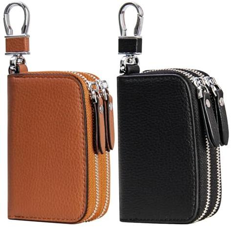 UVKDEENK 2 Pack Double Zipper Car Key Case, Retro Leather Car Key Fob Holder, Women Key Organizer with Metal Hook Keyring, Mens Vintage Key Coin Bag Black Brown