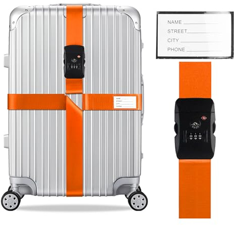 Veki Cross Luggage Straps Set TSA Approved with Lock Adjustable Travel Suitcase Belts Suitcase Tags with Name ID Card Packing Straps for Suitcases Strap Travel Accessories (Orange, 1pcs)