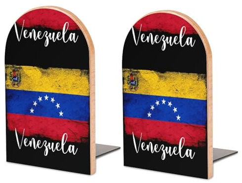 2 Stück Buchstützen aus Holz, Venezuela, Vintage-Flagge, venezolanische Buchstützen für Regale, rutschfeste Buchstützen für Büro, Zuhause, Küche, Buchstützen zum Aufbewahren von Büchern, 12,7 x 7,6 cm