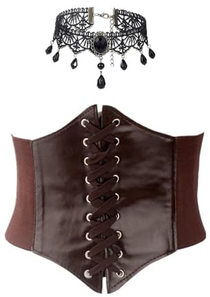 JOZMMZEOOA Women's Corset and Collar, Retro ElasticTied Waspie Belt Underbust Corset Elastic Costume Medieval Clothing Women Medieval Belt Women for Dress Halloween（Coffee）