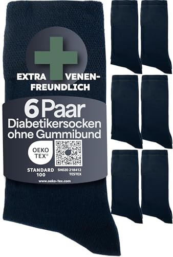 HELDENWERK Diabetikerstrumpor för män och kvinnor, 6 par, diabetikerstrumpor utan elastiskt midjeband och söm av 97 % bomull | extra breda hälsostrumpor med komfortlinning, Marinblå (10x), 39-42 EU