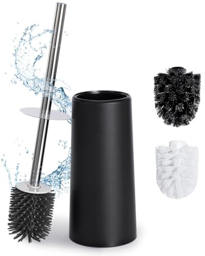 Fourindo Klobürste Silikon，Toilettenbürste Edelstahl Inklusive 3 Wechselbar Bürstenköpfe(Weiß,Schwarz,Silikon) Schnell Trocknende WC Bürste & Klobürstenhalter ohne Wandmontage für Badezimmer