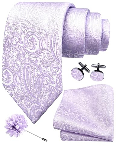 Gusleson Lavender Tie for Men Wedding Silk Paisley Necktie Pocket Square Cufflinks and Lapel Pin Brooch Set (UK6103-32)
