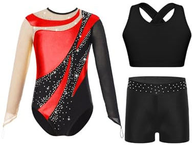 Jydiazi Mädchen Gymnastikanzug Langarm Mit Kurze Hose Kinder Glitzer Turnanzug Mit Shorts Sport BH Set Turnen Tanzkleidung Rot_A 134-140