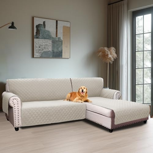 BellaHills Sofaüberzug Wasserabweisend rutschfeste Sofaüberwurf Abnehmbar mit Armlehnen Taschen und Gummiband Chaiselongue Rechte (247CM) Grau Beige