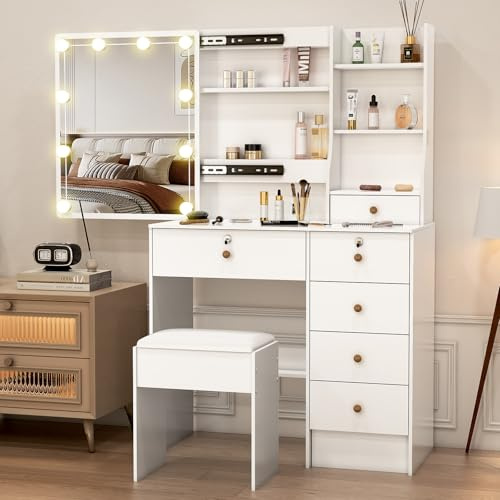 Puselo Toeletta da Trucco Moderna con Luci LED 3 Tonalità - Luminosità Regolabile, Specchio Scorrevole, Tavolo da Toeletta con Sgabello + 6 Cassetti 6 Ripiani, 80x36x130cm