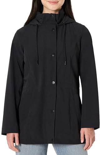 Amazon Essentials Women's Relaxed-Fit Lightweight Waterproof Long Hooded Rain Jacket, Black, Medium