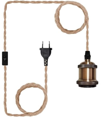 Chao Zan E27 Lampenfassung Pendelleuchte Kit mit Schalter, 2M Lampenfassung Pendelleuchte E27 mit Stecker Hanfseil Pendellampe Kit Kabel Retro Vintage Hängeleuchte für Küche Wohnzimmer Loft (A)