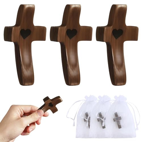 3 Pcs Wooden Cross With Pattern, Cross My Heart Encouragement Gifts, Handheld Protection Wooden Crosses Fingertip Stress Relief Gifts With Organza Bag, Pocket Cross for Religious Gift for Men Women