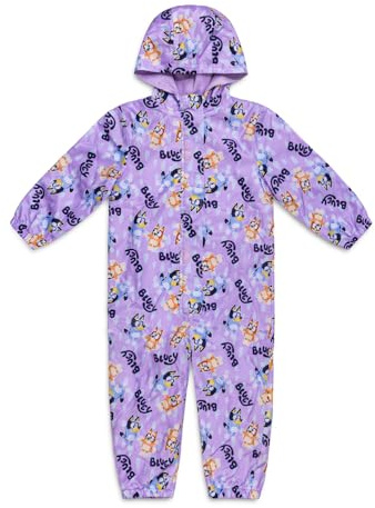 Bluey Girls Waterproof Puddle Suit – Lilac All-in-One Rain Suit with Hood, Fleece Lining, Hook and Loop Fastening, Elasticated Cuffs – Toddler Kids Outdoor Clothing