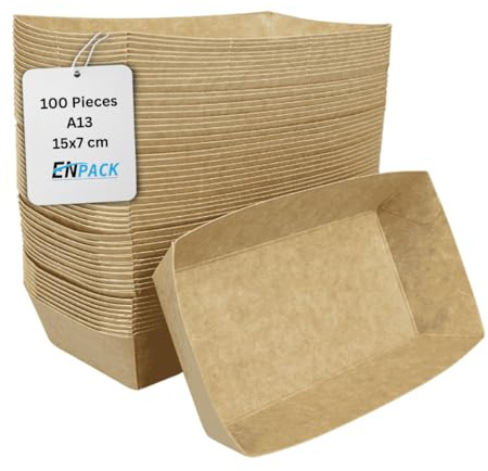 Enpack Snackschale A13-100 Stück Snackschalen aus Kraftpapier - Snack Box 15x7x3,5cm - Currywurst Schale 440 ml - Behälter für Tapas, Chips, Pommes etc. - optimal geeignet als Fingerfood Schalen