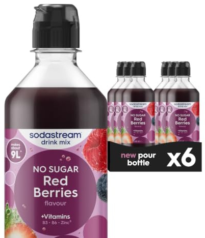 SodaStream Zeros Drink Mix, Classic Fruits Range, Sugar Free Soda Syrup for Sparkling Flavoured Water, Multipack of 6 x 440ml Bottles creates 54L of Drink, Red Berries Flavour with added vitamins