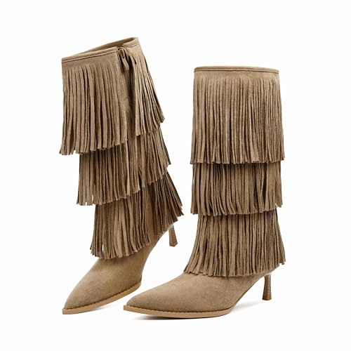 Vertundy Women's Tan Fringe Boots Kitten Heel Pointed Toe Mid Calf Boots Tassels Design Fashion Suede Heeled Shoes