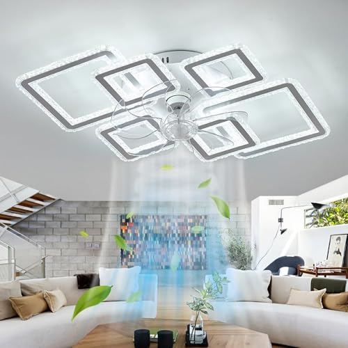 Cucummn Lampara Ventilador Techo Grande Marco Cuadrado Moderno Smart Ventilador de Techo con Luz Y Mando A Distancia Regulable Memoria Cristales Ceiling Fan With Light 6 Velocidades Reversible Salón