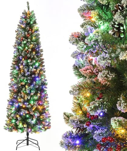 230 cm Künstlicher Bleistift Weihnachtsbaum mit 350 Beleuchtung und Beeren, Weihnachtsbaum Künstlich mit 9 Lichtmodi, Tannenbaum Christbaum PVC Nadeln, Kunstbaum Weihnachten Klappsystem Grün (7.5ft)