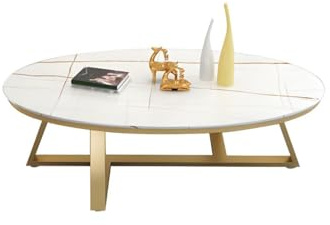 HanDpi Nordischer ovaler Marmor-Couchtisch – Weiß/Goldene Platte, Goldbasis – 39,5 L x 19,5 B x 18 H