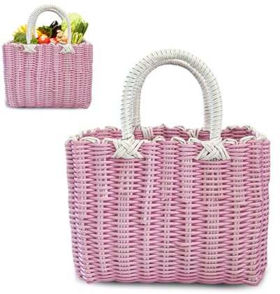 Tasche Einkaufskorb Geflochten, Korbtasche Handtasche, Strandtasche Stroh Kunststoff Shopper, Boho Basttaschen Damen Sommer, Wasserdicht Einkaufstasche (Rosa)