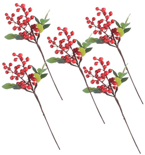 WEKADRIN 5 Pezzi Bacche Artificiali Rosse per Natale Agrifoglio per Decorazioni Natalizie Addobbi per Albero e Feste Accessori DIY per Atmosfera Festiva