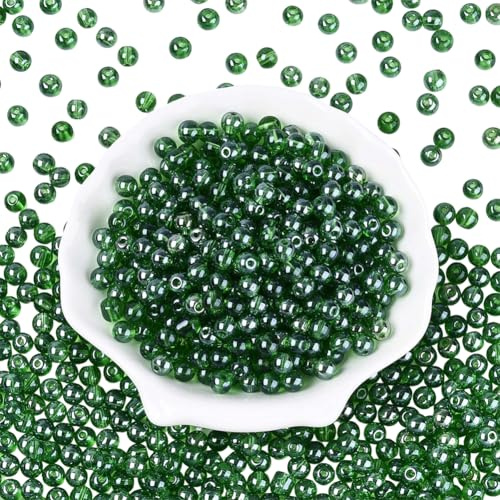 PONABEADIY 1 boîte de 500 perles de Rocaille en Verre Transparent Vert D'Eau de 6mm avec Trous Faites à la Main Lisses Petites Perles Rondes Scintillantes et Transparentes pour la Fabrication de Bijou