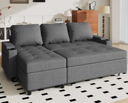 JUMMICO Canapé Convertible, Canapé d'angle Convertible avec Rangement, Canapé Lit avec Accoudoirs canapé 3 Places Multifonctionnel pour Salon, Bureau et Petit Appartement (Gris Clair)