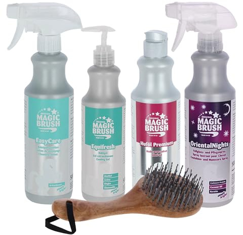Brama West MagicBrush Set de cuidado para caballos, loción limpiadora con D-pantenol, bálsamo refrigerante, spray brillante, aceite para cascos y cepillo largo | Cuidado de la piel, piel, melena y