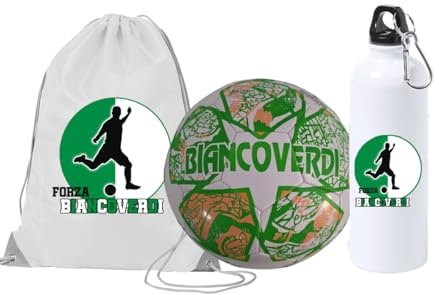 Pallone N.5 con i colori dell' Avellino calcio e scritta Forza Biancoverdi + una borraccia bianca in alluminio e una sacca in nylon con stampa dei colori della tua squadra del cuore tifoso regalo