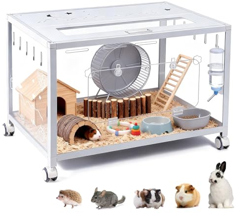 MUYIRTED Jaula grande para hámster de 80 x 50 x 55 cm, jaula para roedores con ruedas, jaula de metal sólido para jerbos, hámster dorado, hámster enano, recinto para hámster acrílico, color blanco