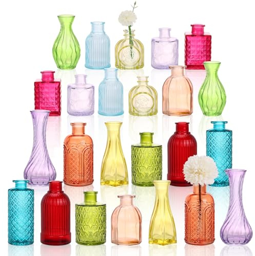 24 Pack Colorful Glass Bud Vase Set, Small Colored Vintage Vases for Centerpieces, Decorative Flower Vases for Wedding Home Table Decor