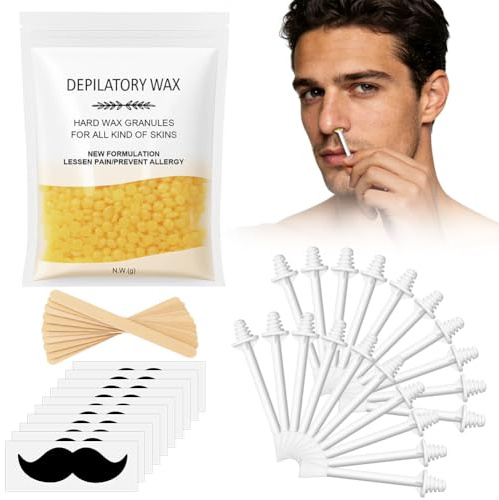 Beugo Nasenhaar Wachs Set, Nasenhaarentfernung Wachs, Nose Wax Kit | NasenlöCher Entfernen für Herren und Frauen, Nasenwachs mit 100g Wax Perlen, 20 Nasenwachs Stäbchen und 10 Moustache Stencils