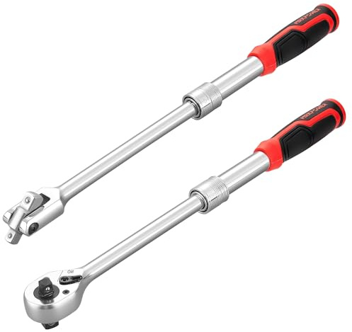 MAXPOWER Socket Wrenches Set, Extendable Ratchet Wrench 72-Tooth Reversible Ratcheting and 360 Flex Head Breaker Bar, Both Double Head 1/2 & 3/8 Drive