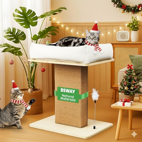 Árbol rascador premium con cama para gatos, columna rascadora extra ancha de madera de abedul, soporta 25 kg, sisal gruesa y cojín de lino orgánico, fácil montaje